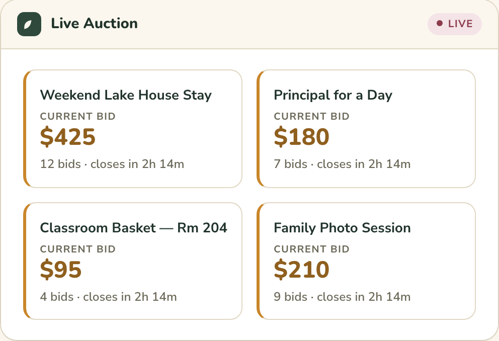 Live auction screen listing four lots with their current bids and closing time