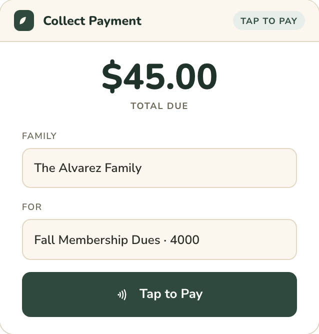 Point-of-sale screen collecting $45.00 in fall membership dues from the Alvarez family, with a Tap to Pay button