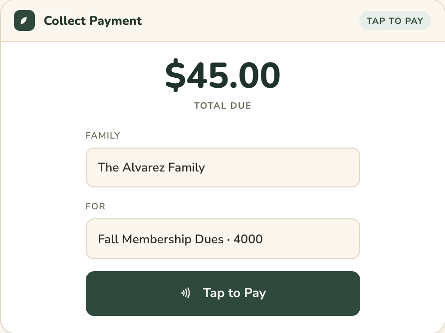 Payment screen collecting $45.00 in fall membership dues from the Alvarez family, with a Tap to Pay button