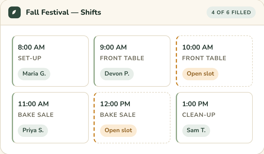 A Fall Festival volunteer shift board with filled and open slots