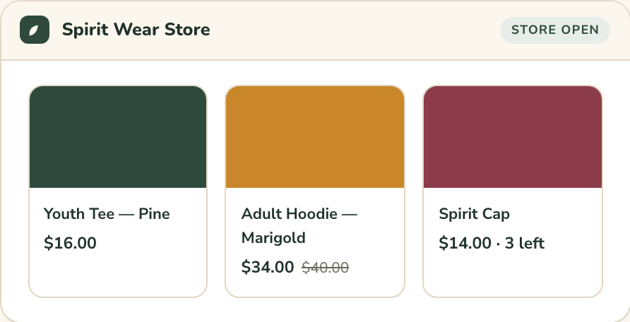A spirit wear store with items and order counts