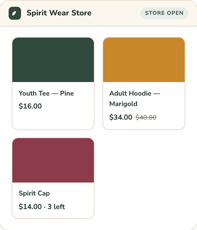 A spirit wear store with items and order counts