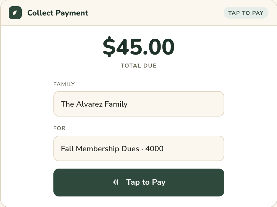 Point-of-sale screen collecting $45.00 in fall membership dues from the Alvarez family, with a Tap to Pay button