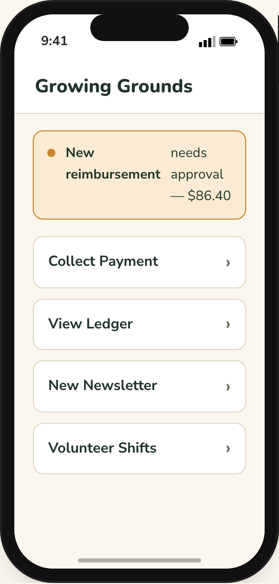 Growing Grounds phone app home with an approval alert and four shortcuts
