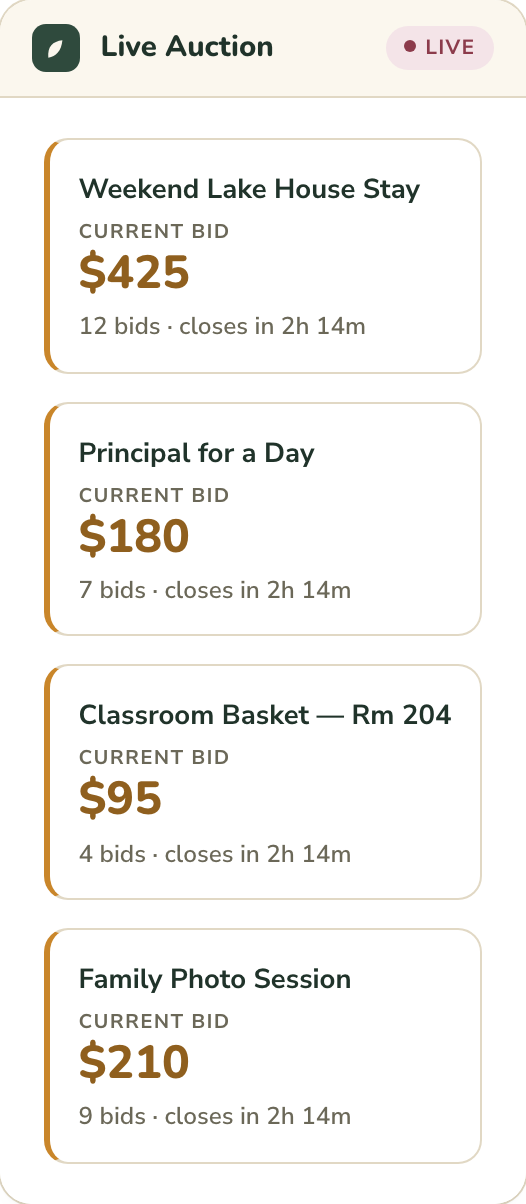 Live auction screen listing four lots with their current bids and closing time