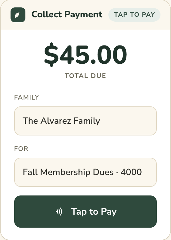 Point-of-sale screen collecting $45.00 with a Tap to Pay button