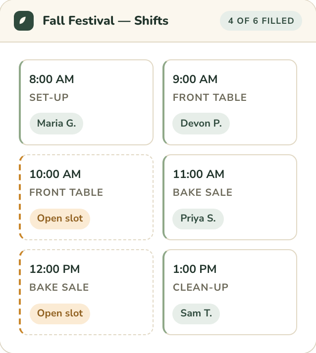 A Fall Festival volunteer shift board with filled and open slots